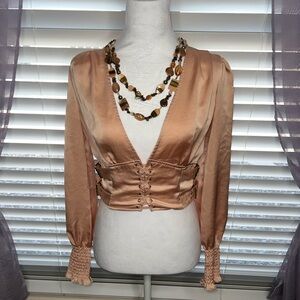 Forever 21 Peach Satin Plunging V-neck Blouse with Smocked Cuffs and Belt Detail